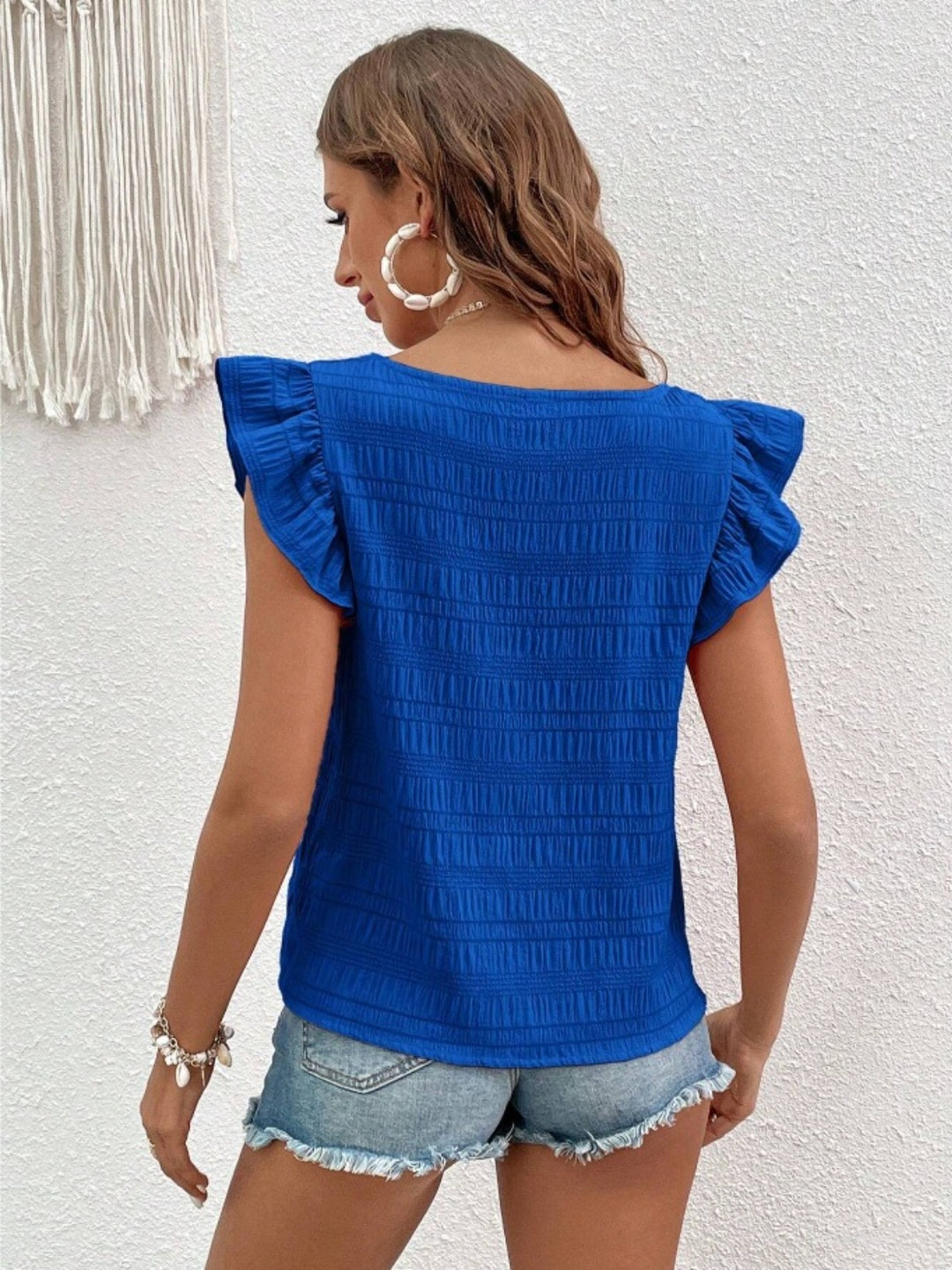 Ruffled Square Neck Cap Sleeve Blouse