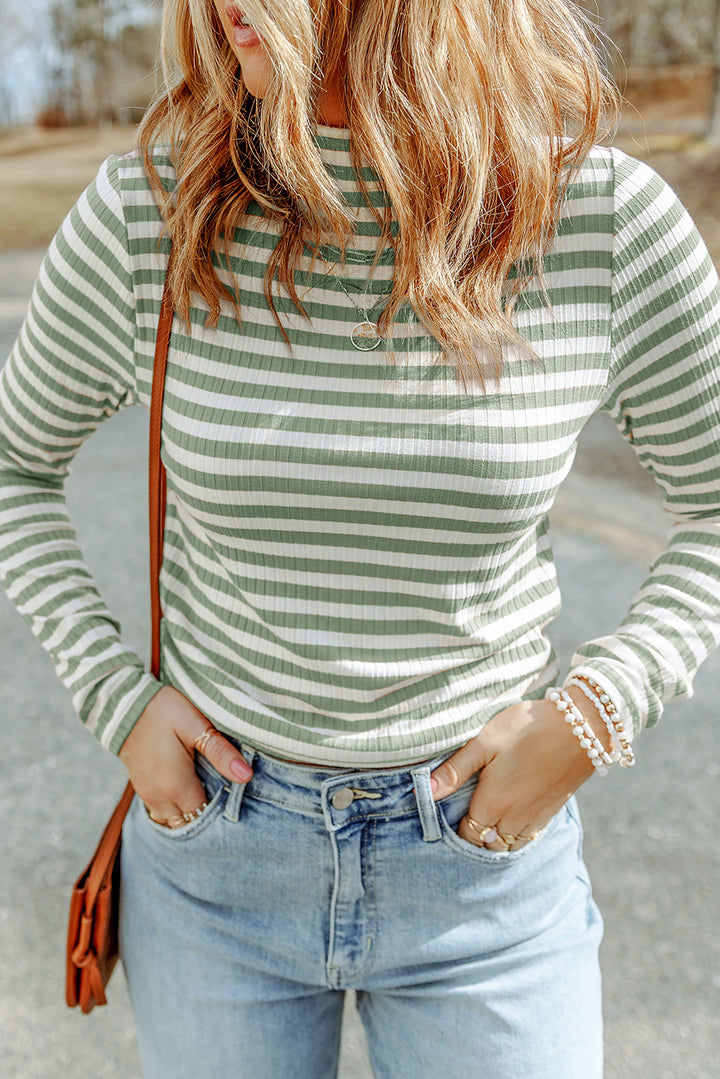 Striped Mock Neck Long Sleeve Top