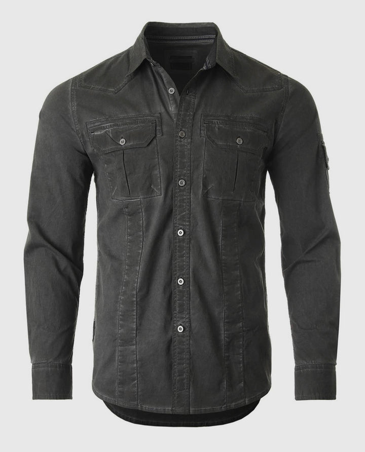 Vintage Military Color Wash Button Stretch Shirt - Charcoal Black