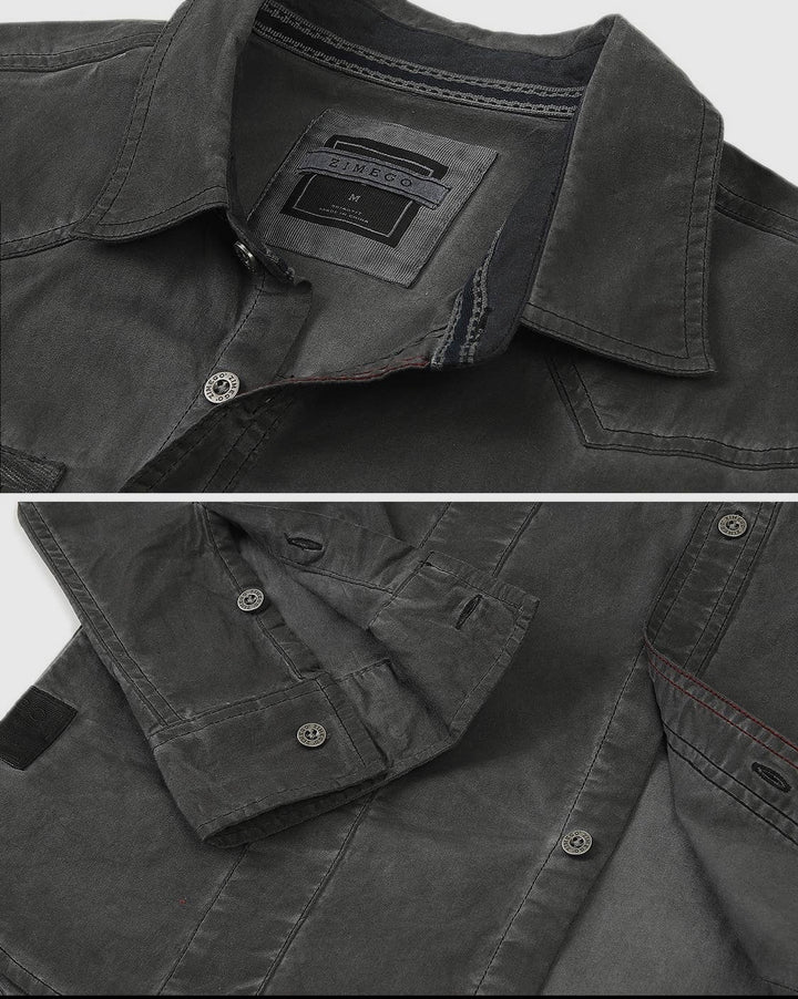 Vintage Military Color Wash Button Stretch Shirt - Charcoal Black