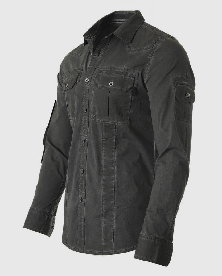 Vintage Military Color Wash Button Stretch Shirt - Charcoal Black