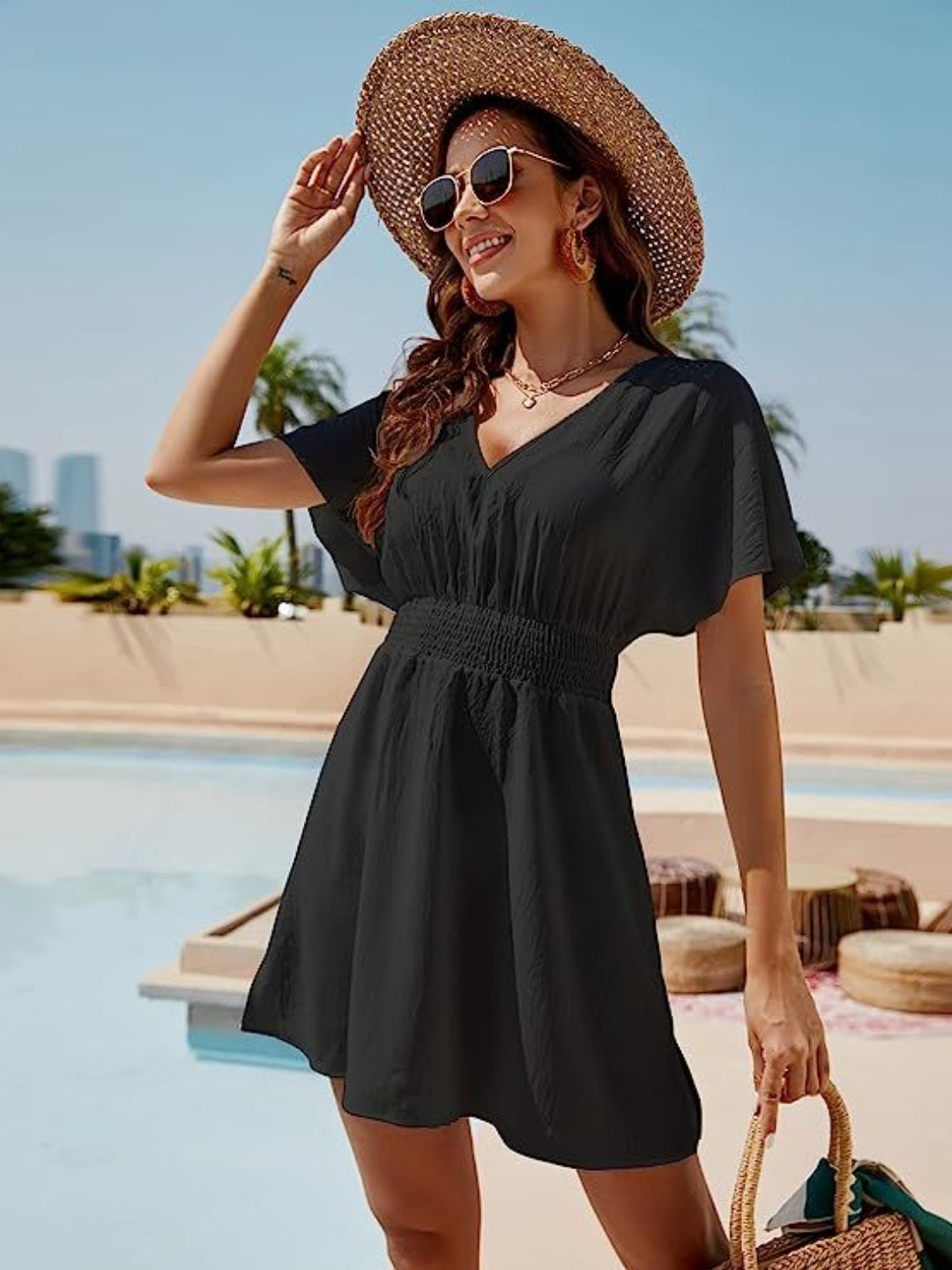 Smocked V-Neck Short Sleeve Dress