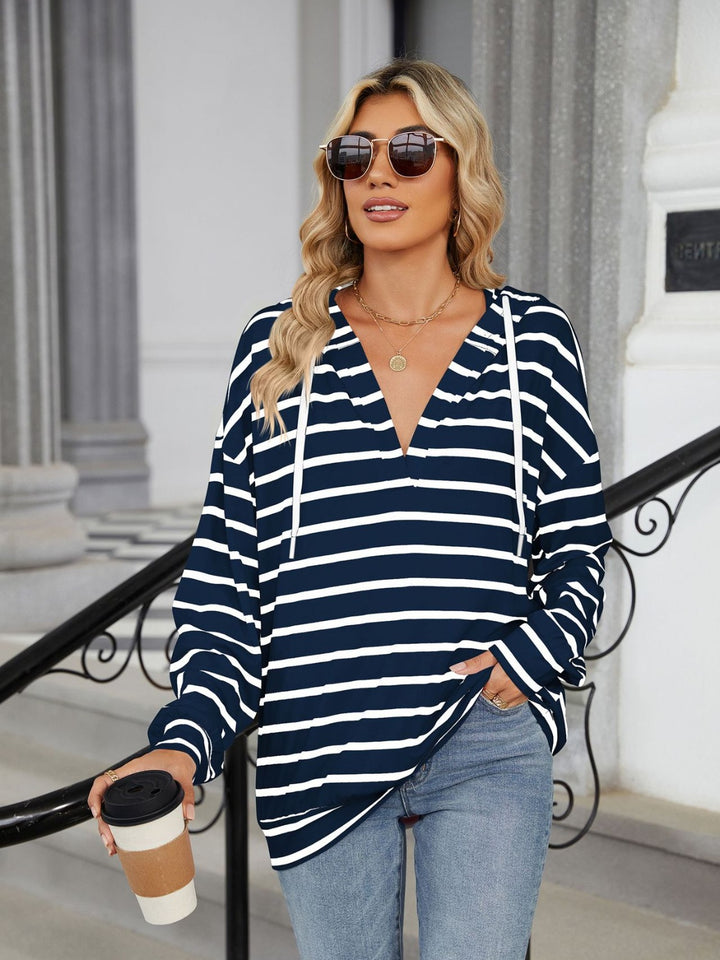 Drawstring Striped Long Sleeve Hoodie