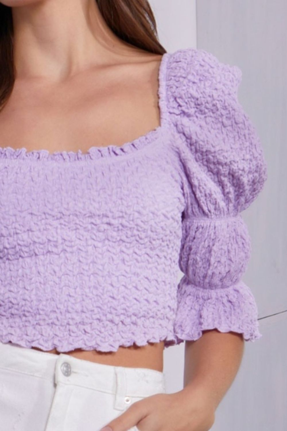 Crinkle Texture Puff Sleeve Crop Top