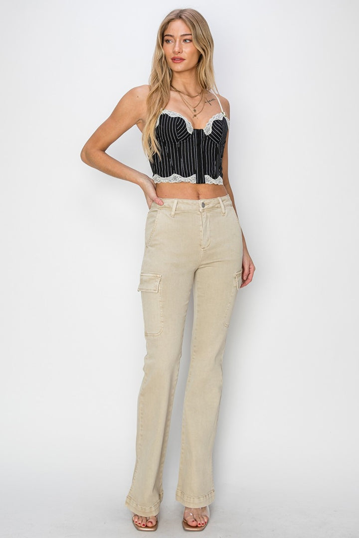 High Rise Side Slit Cargo Bootcut Jeans