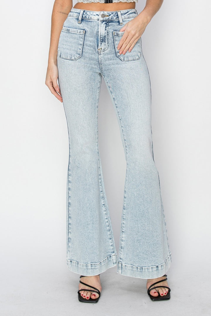 Risen High Rise Front Patch Pocket Flare Jeans