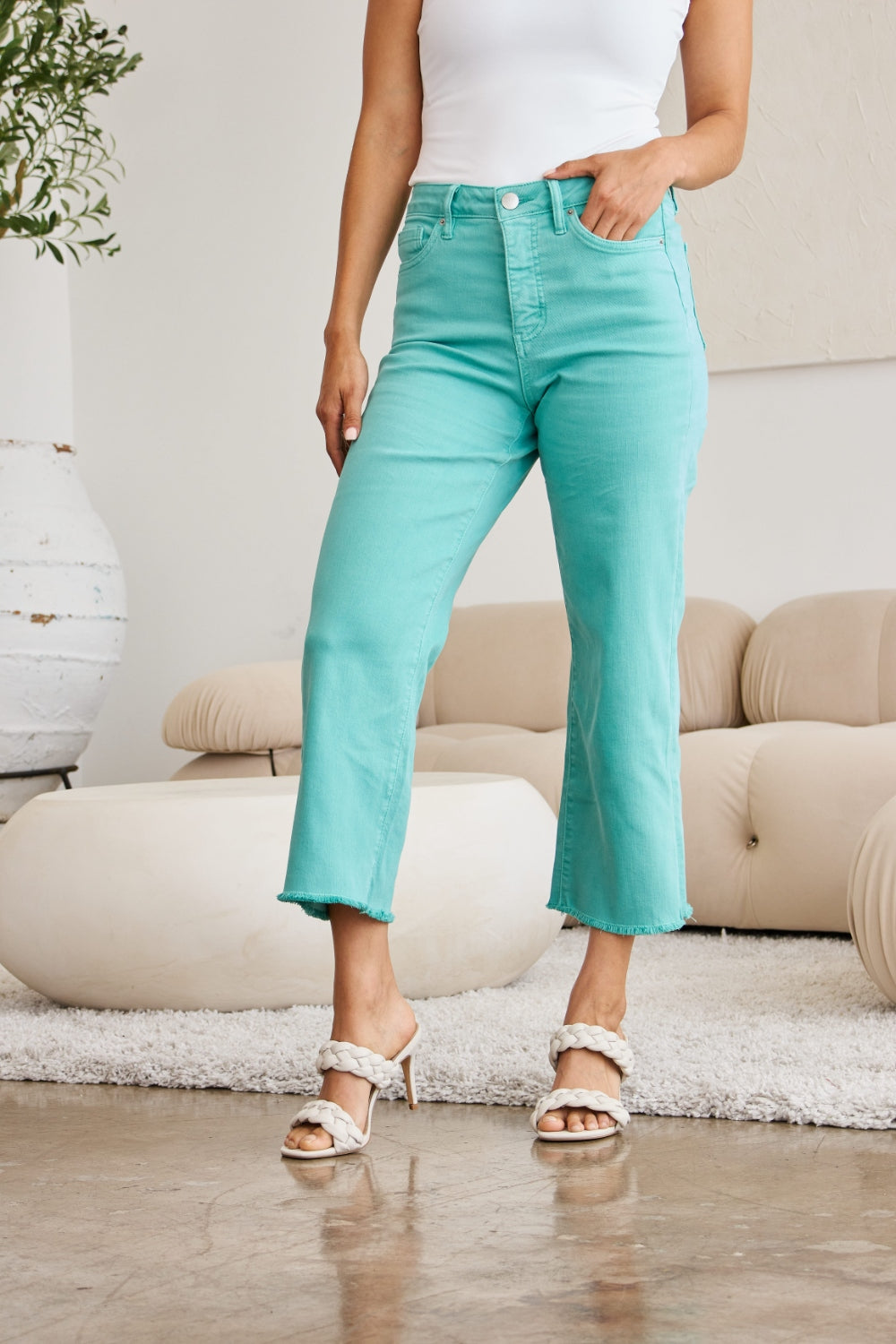 Tummy Control High Waist Raw Hem Jeans