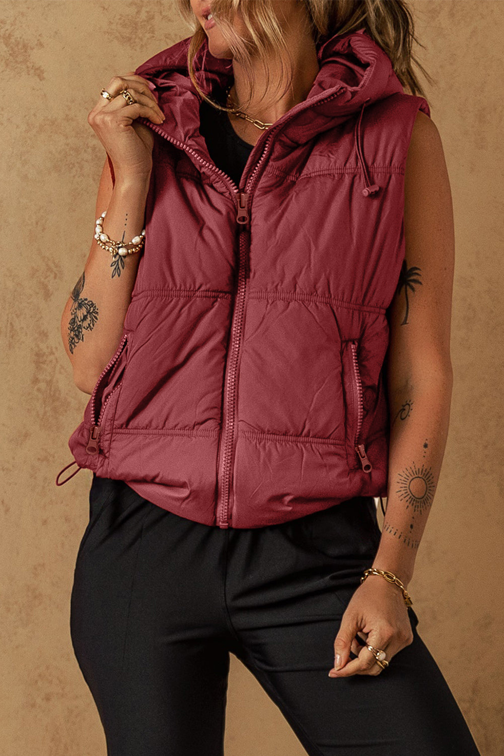 Drawstring Zip Up Hooded Vest Coat