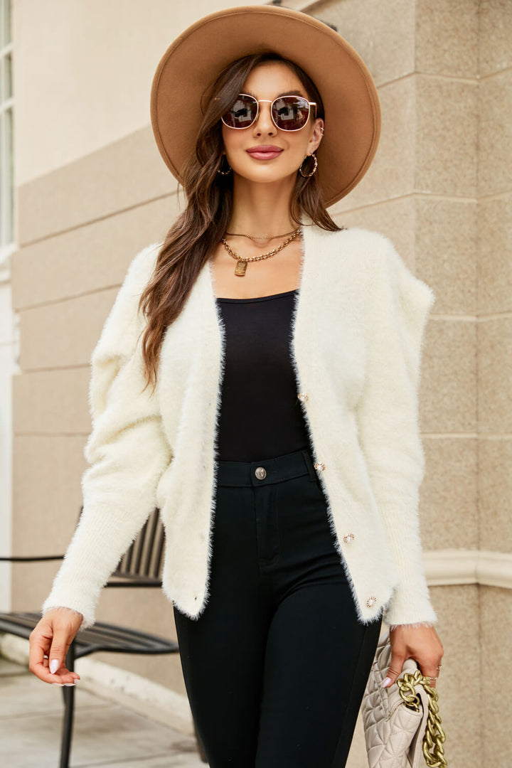 Woven Right Puff Sleeve V-Neck Fuzzy Cardigan