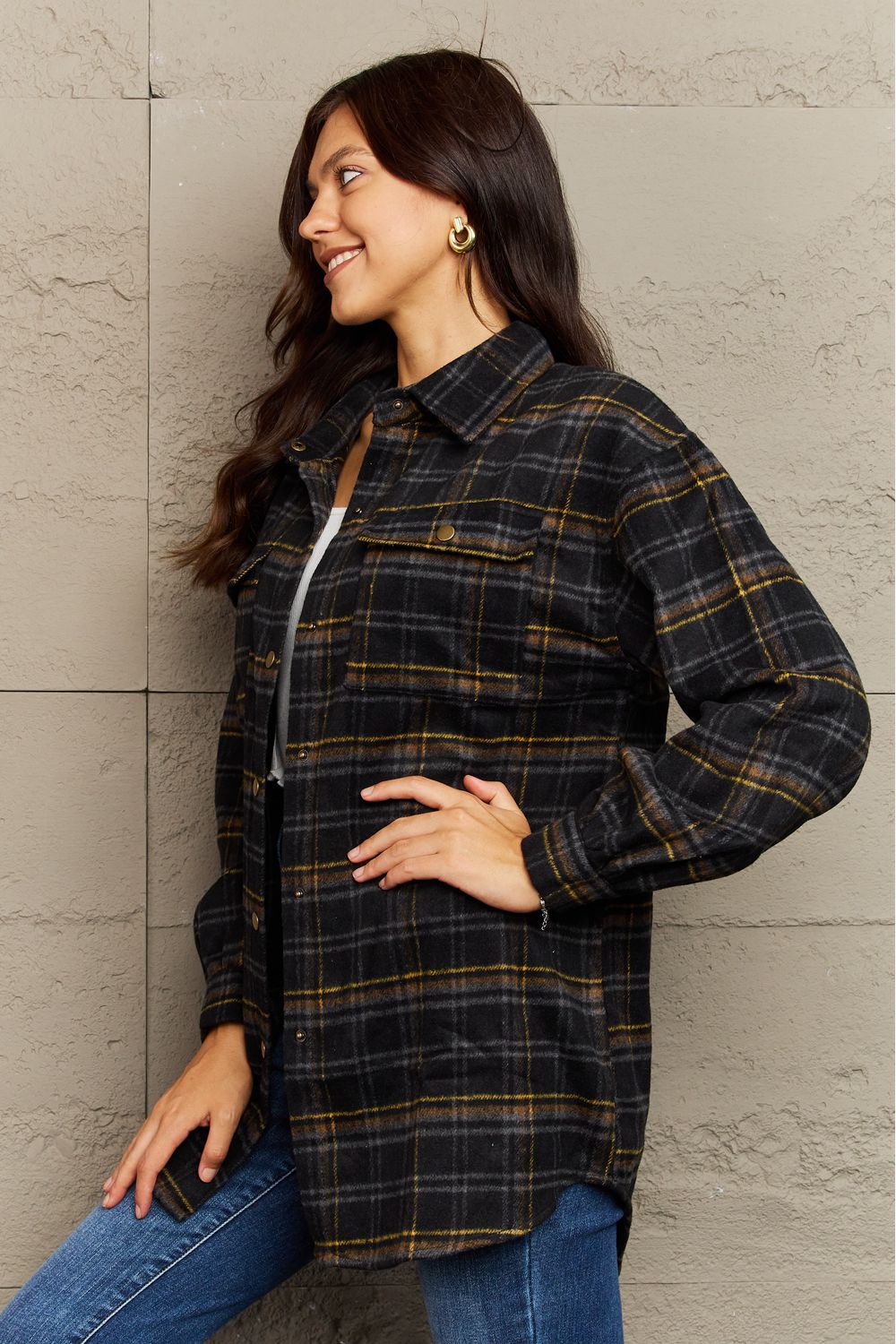 Plaid Collared Neck Button-Down Long Sleeve Jacket