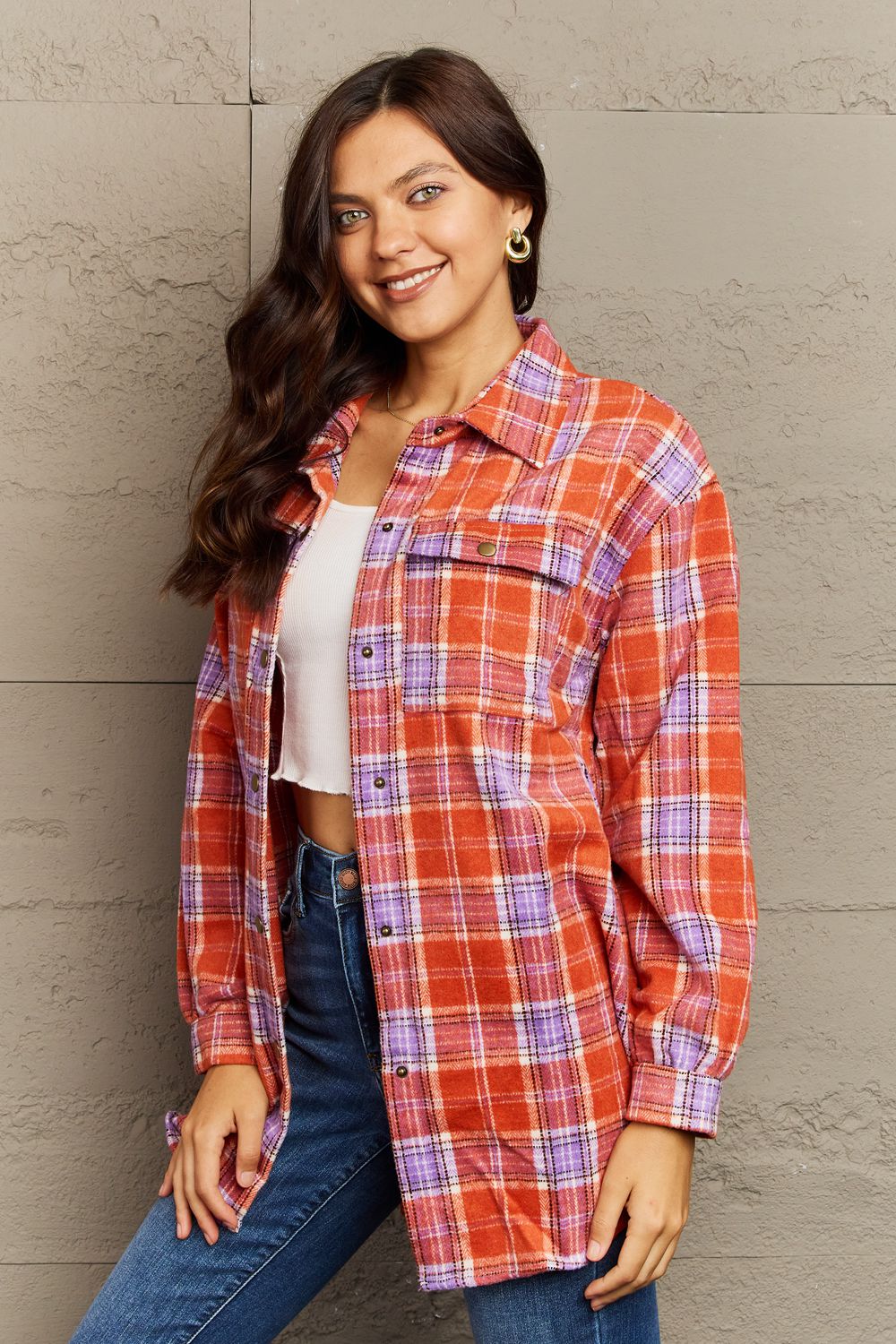 Plaid Collared Neck Button-Down Long Sleeve Jacket