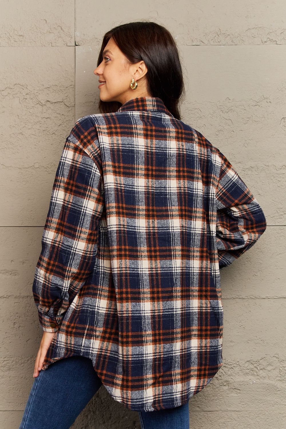 Plaid Collared Neck Button-Down Long Sleeve Jacket