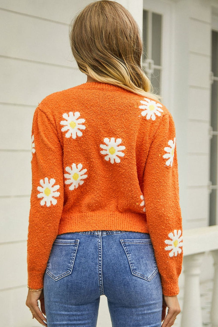 Flower Pattern Round Neck Short Sleeve Pullover Sweater