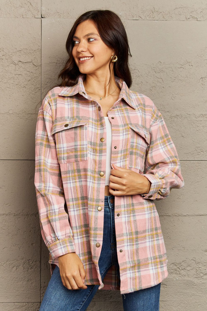 Plaid Collared Neck Button-Down Long Sleeve Jacket