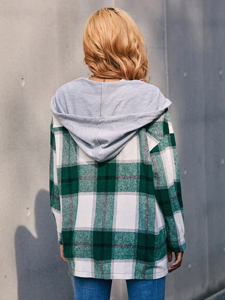 Plaid Dropped Shoulder Hooded Jacket