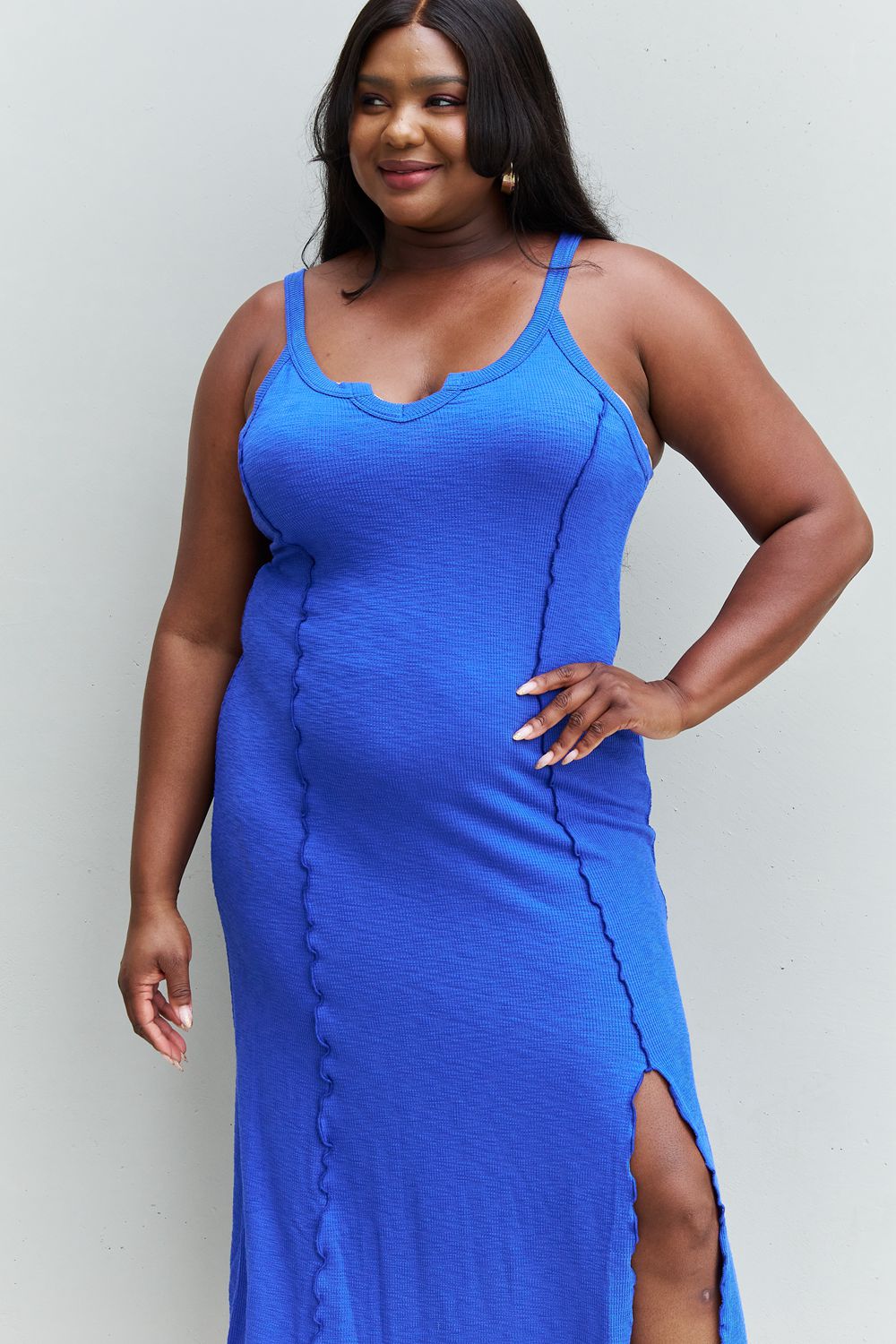 Look At Me Notch Neck Maxi Dress with Slit in Cobalt Blue