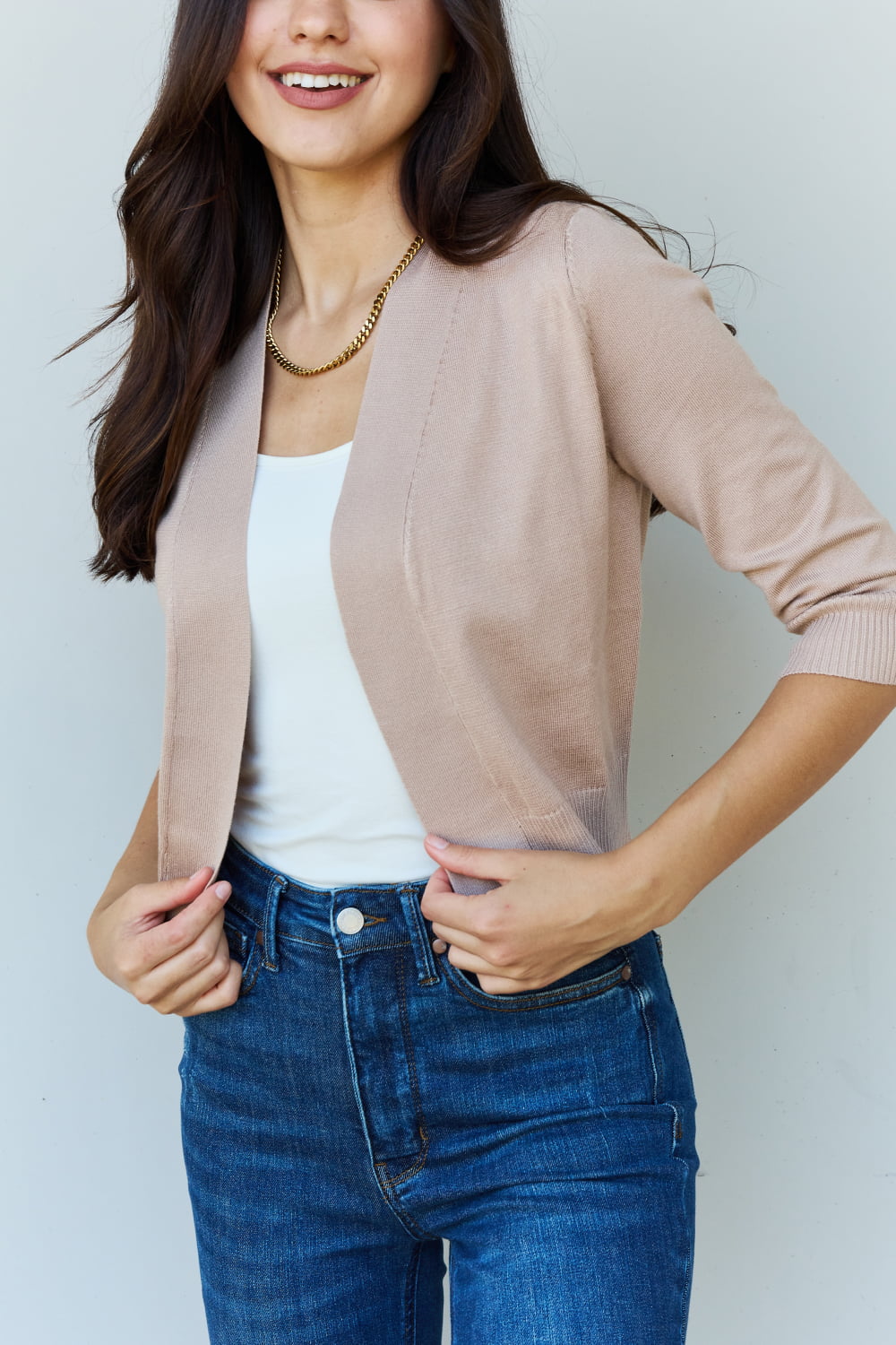 My Favorite 3/4 Sleeve Cropped Cardigan in Khaki