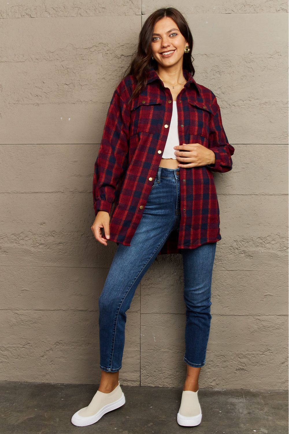 Plaid Collared Neck Button-Down Long Sleeve Jacket