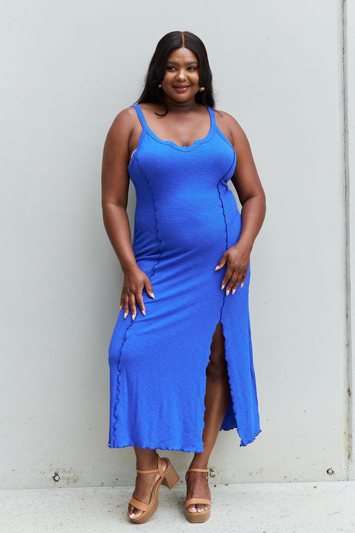 Look At Me Notch Neck Maxi Dress with Slit in Cobalt Blue