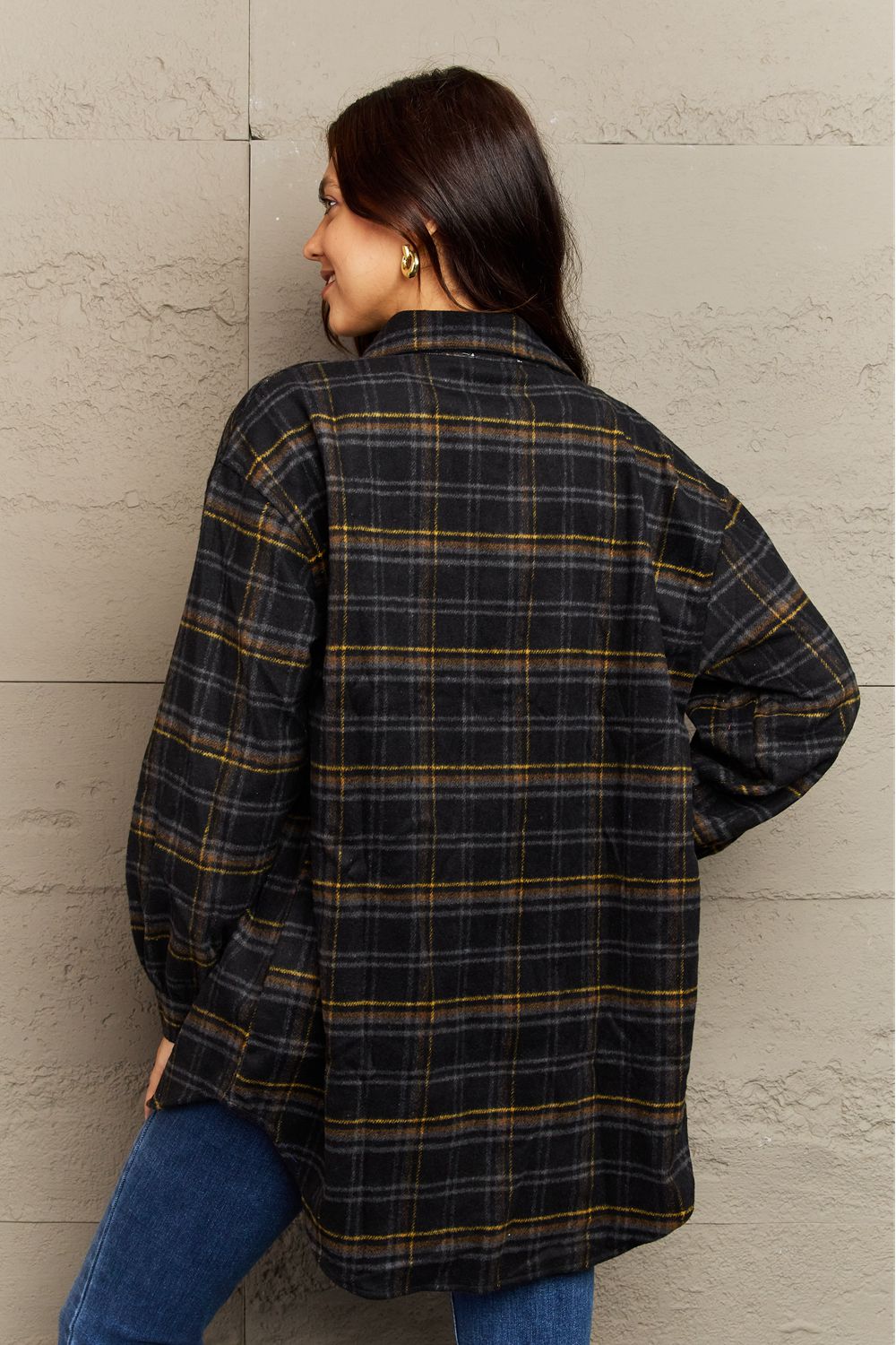 Plaid Collared Neck Button-Down Long Sleeve Jacket