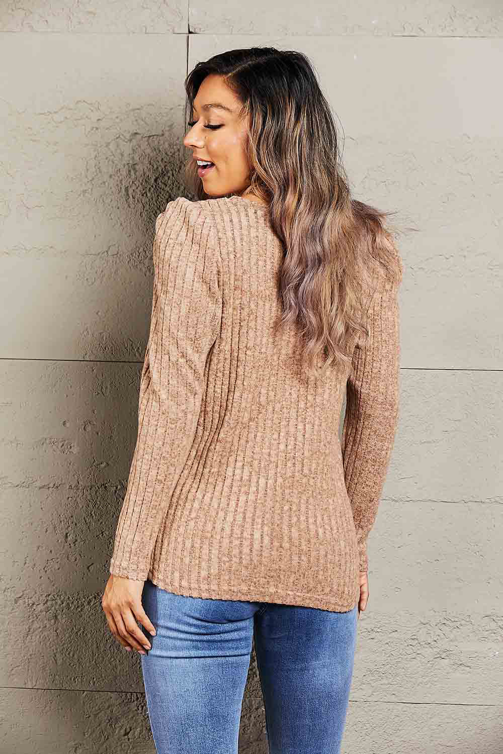 Round Neck Puff Sleeve Ribbed Top