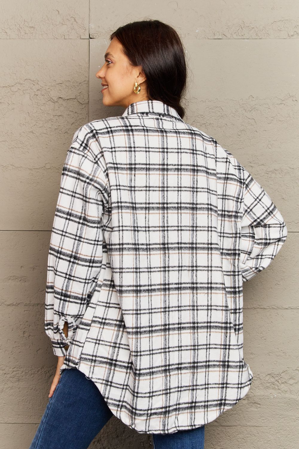 Plaid Collared Neck Button-Down Long Sleeve Jacket