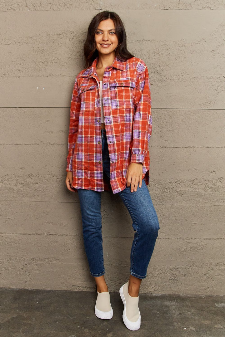 Plaid Collared Neck Button-Down Long Sleeve Jacket