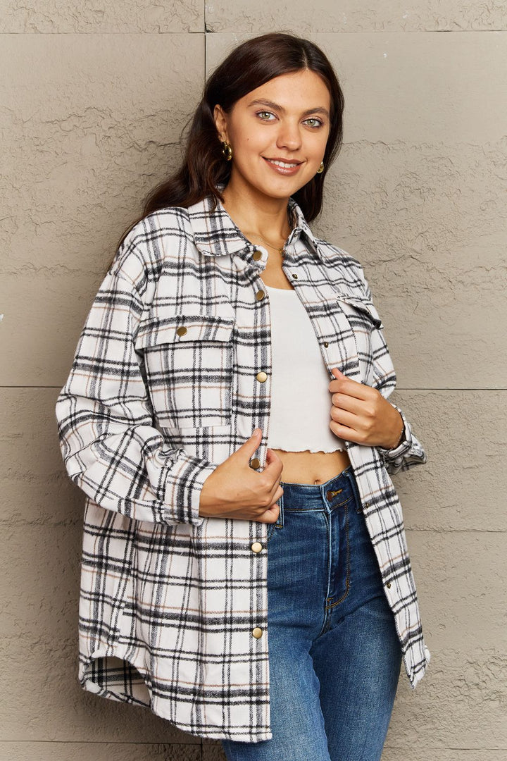 Plaid Collared Neck Button-Down Long Sleeve Jacket