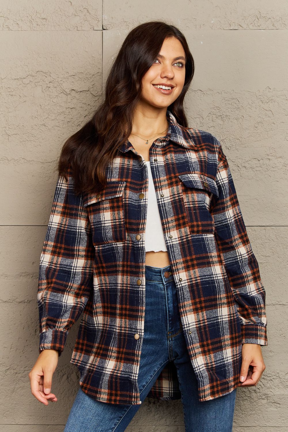 Plaid Collared Neck Button-Down Long Sleeve Jacket