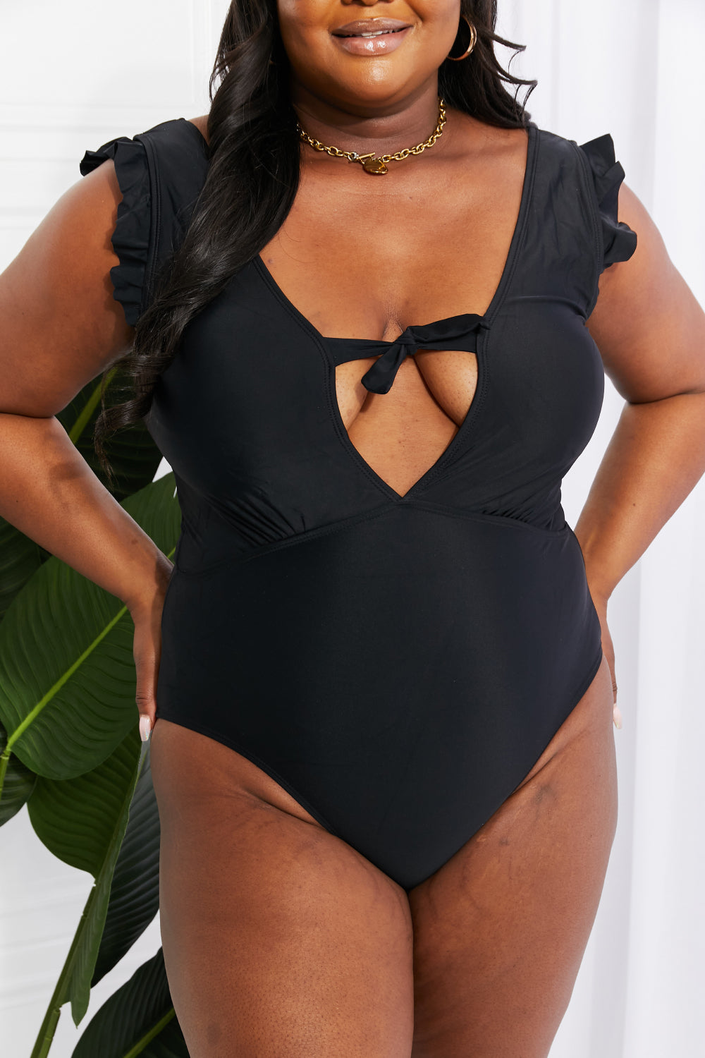 Seashell Ruffle Sleeve One-Piece in Black