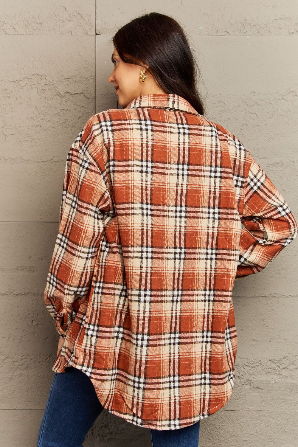 Plaid Collared Neck Button-Down Long Sleeve Jacket