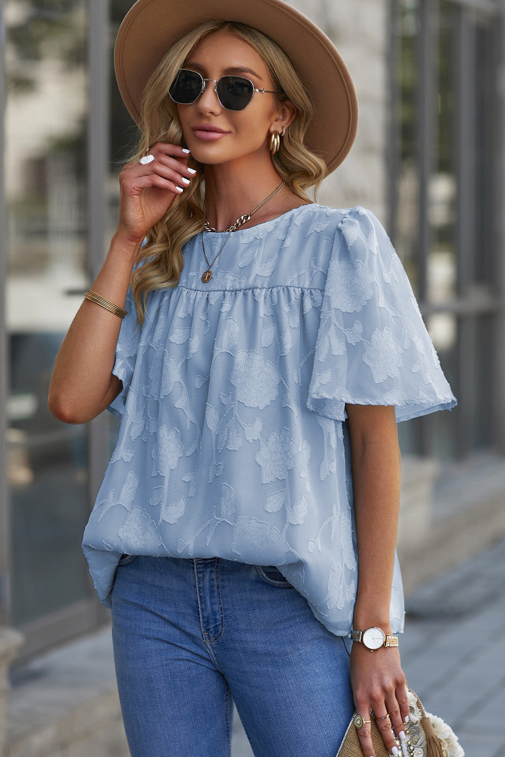 Round Neck Puff Sleeve Blouse