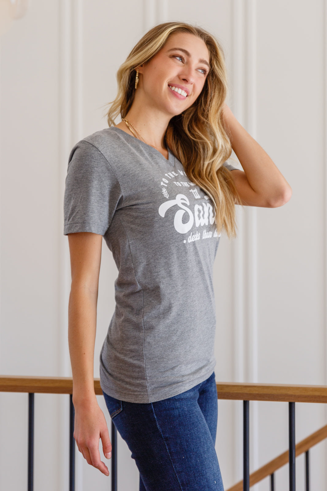 To The Window Graphic V Neck Tee In Gray