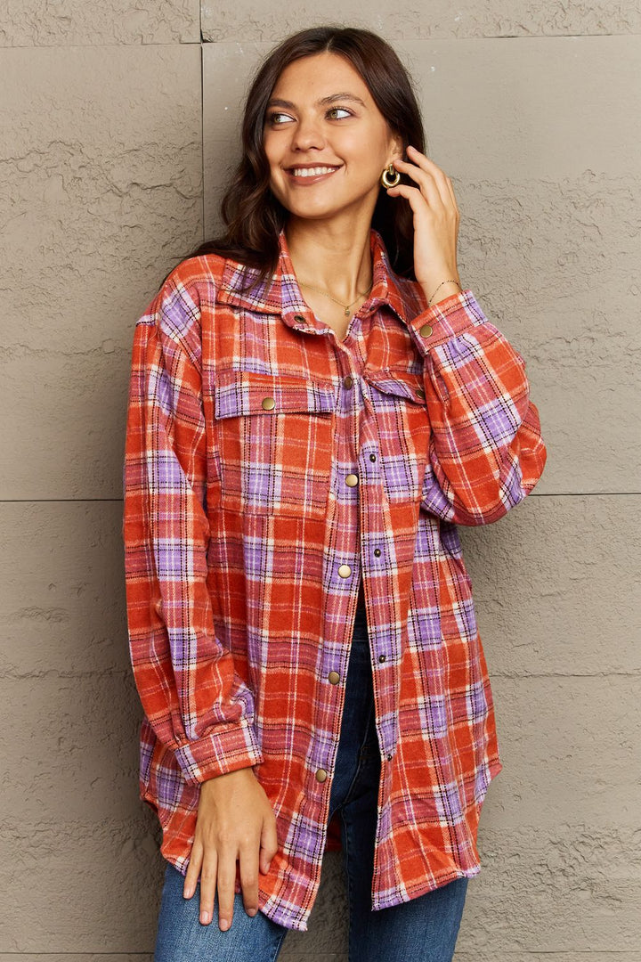 Plaid Collared Neck Button-Down Long Sleeve Jacket