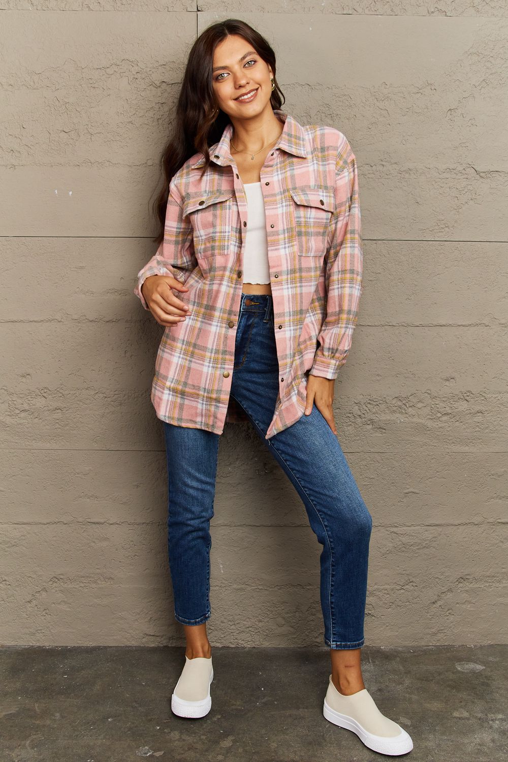 Plaid Collared Neck Button-Down Long Sleeve Jacket