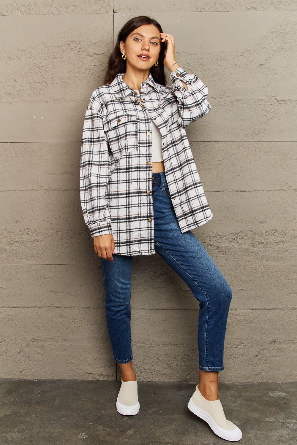 Plaid Collared Neck Button-Down Long Sleeve Jacket