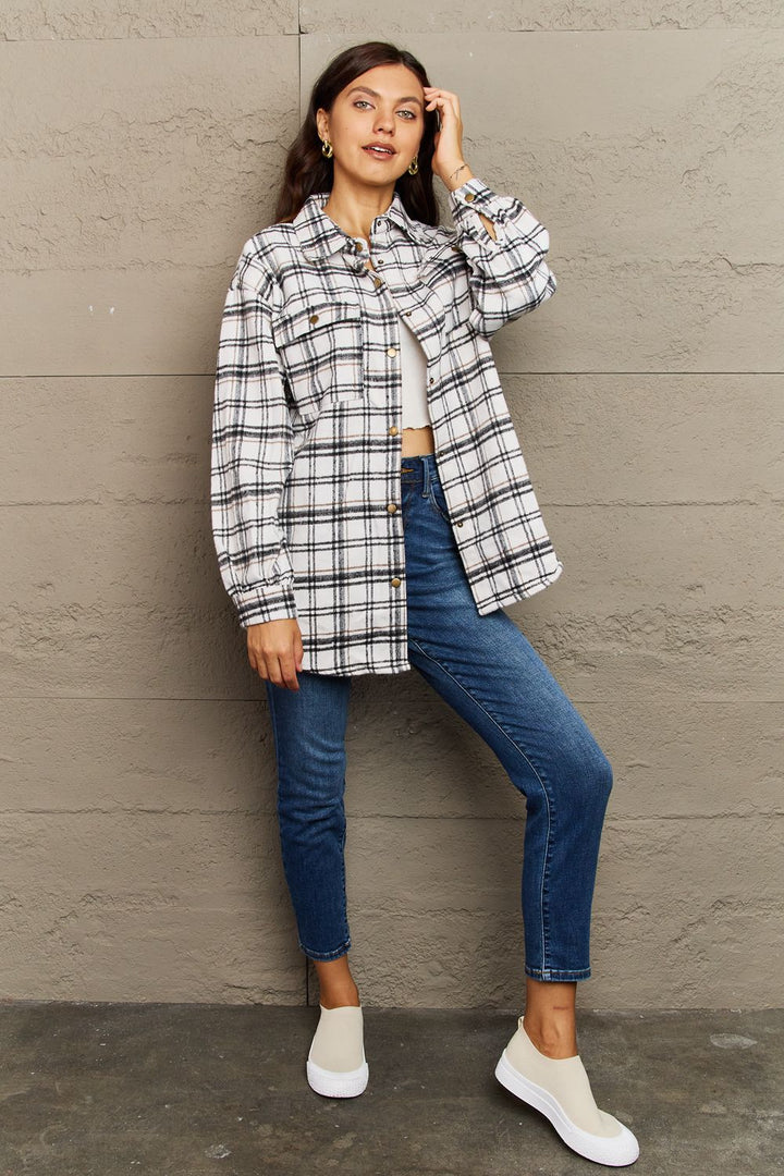 Plaid Collared Neck Button-Down Long Sleeve Jacket