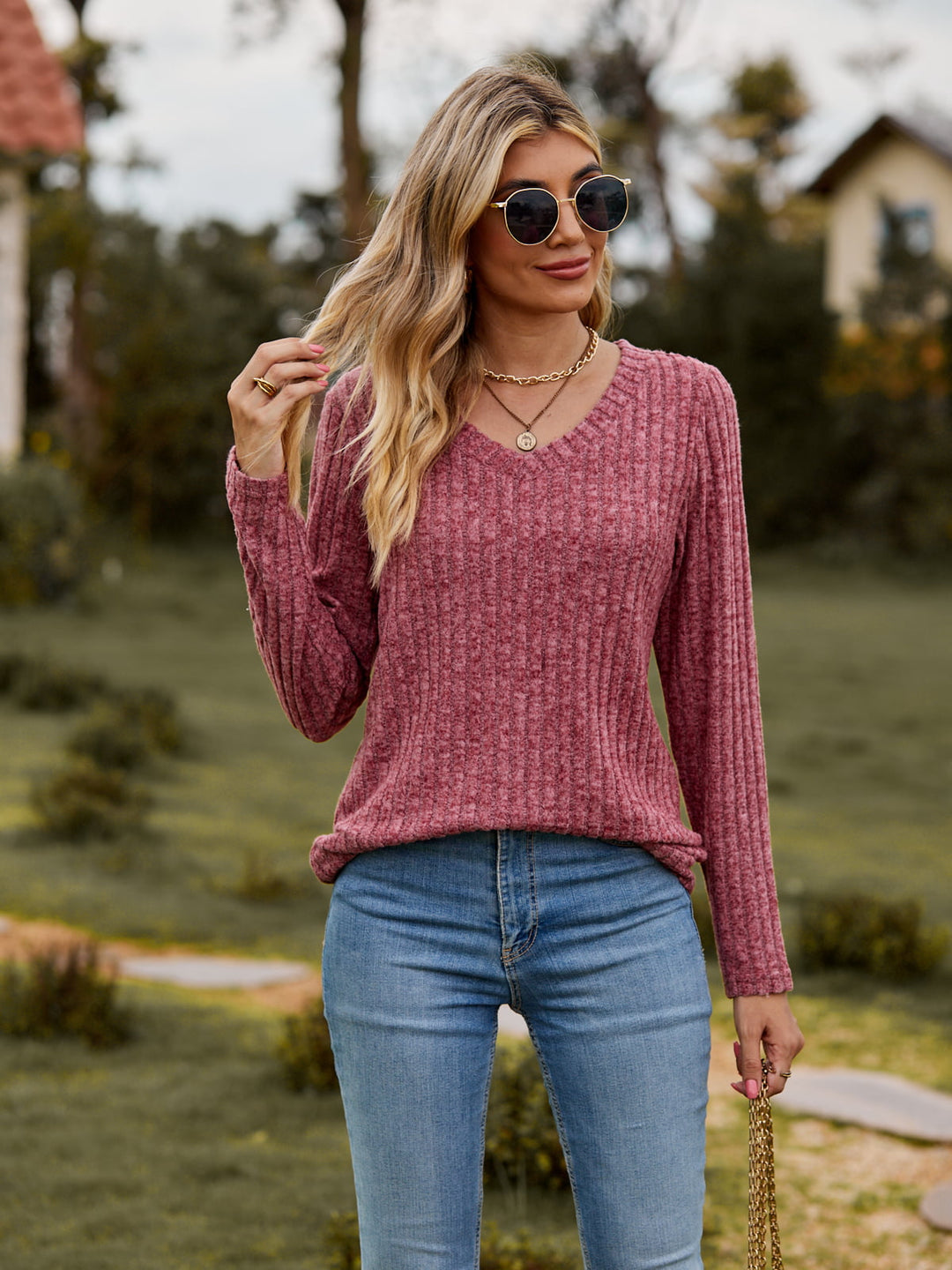 Ribbed V-Neck Long Sleeve Tee