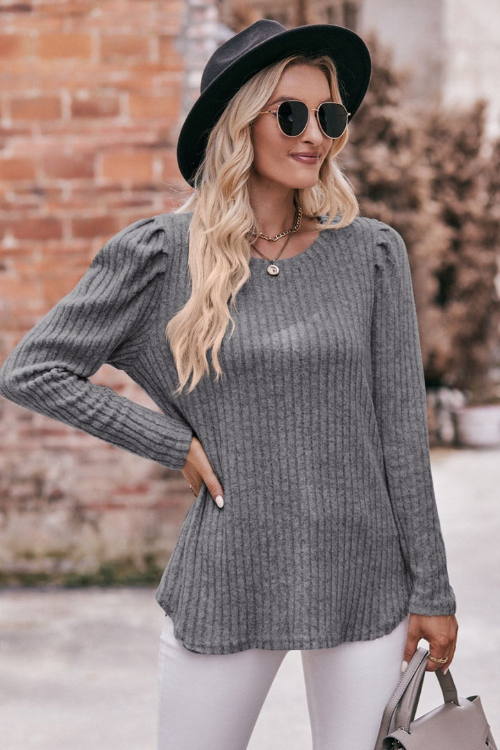 Round Neck Puff Sleeve Ribbed Top