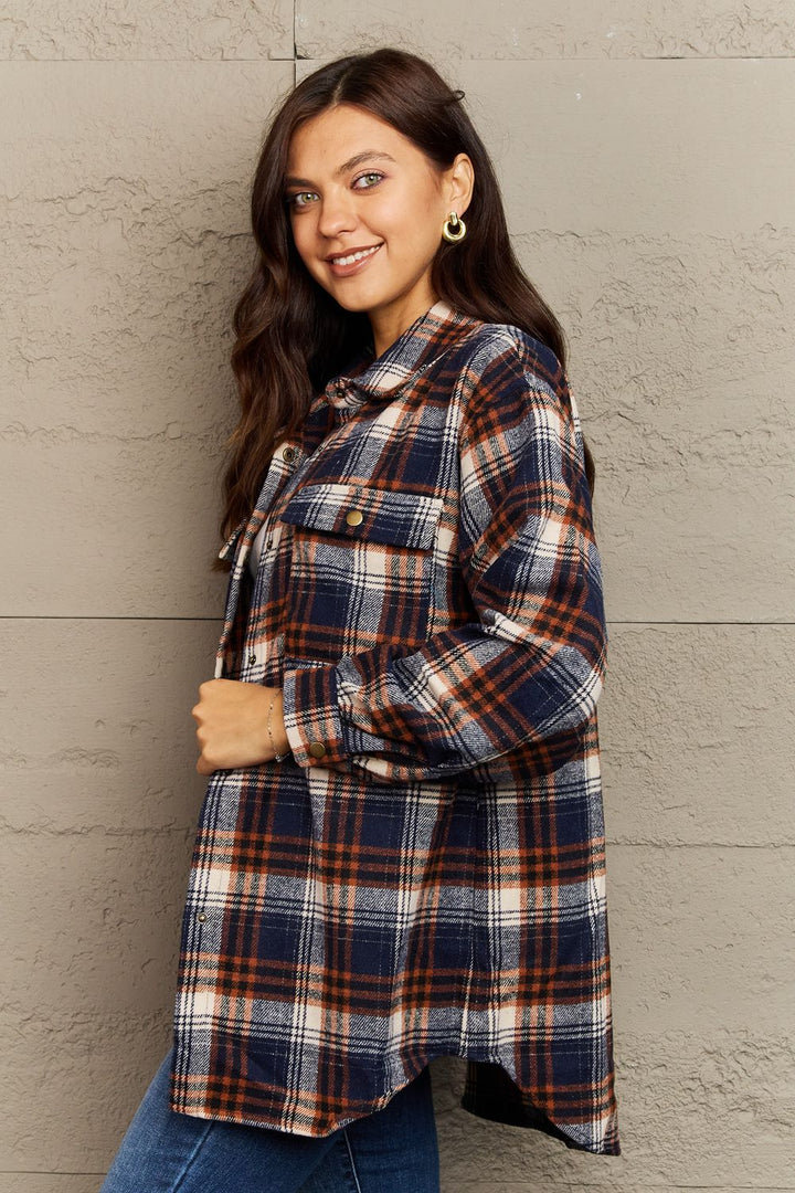 Plaid Collared Neck Button-Down Long Sleeve Jacket