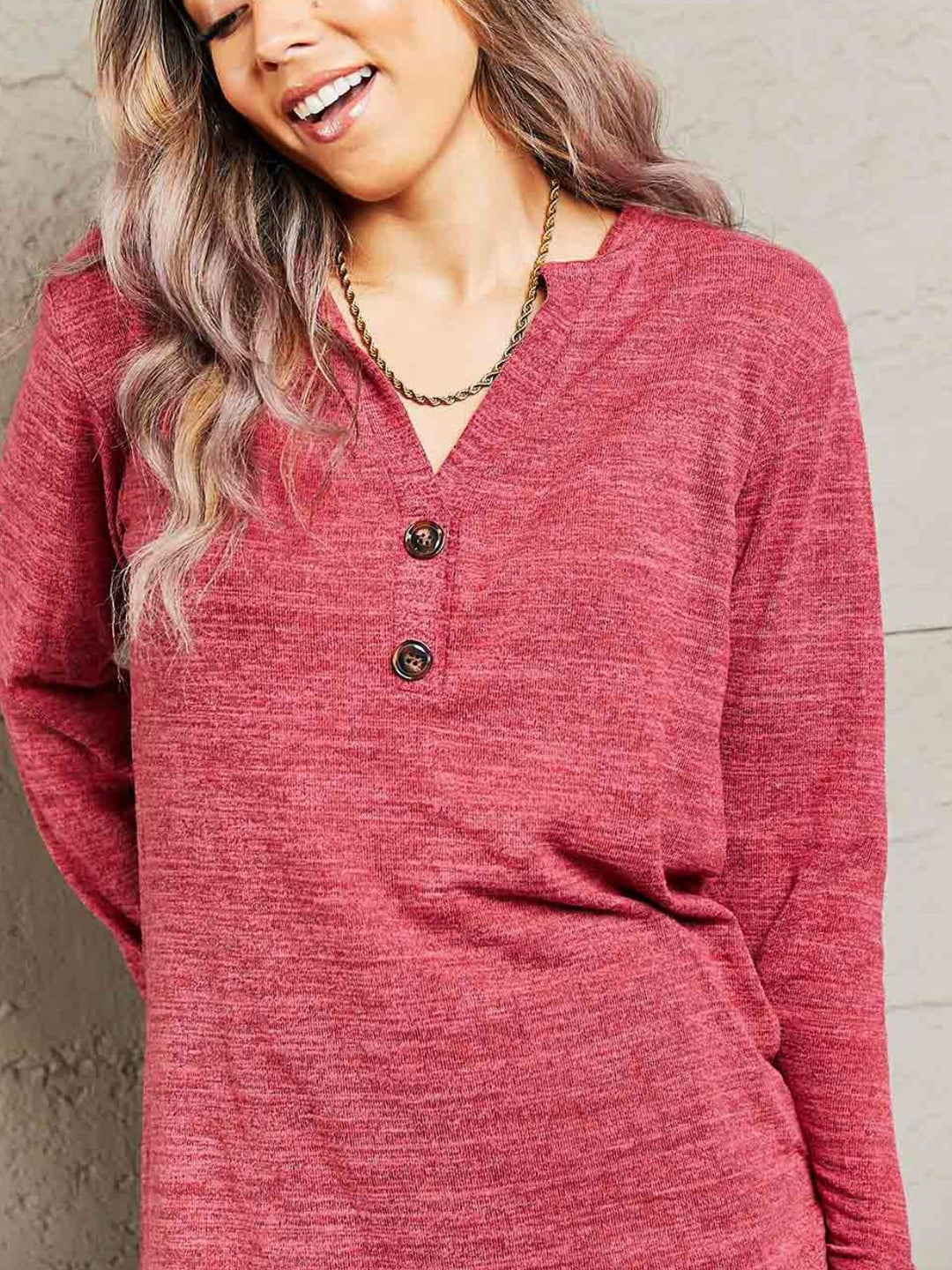 Buttoned Notched Neck Long Sleeve Top