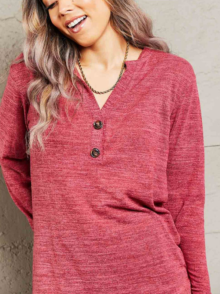 Buttoned Notched Neck Long Sleeve Top