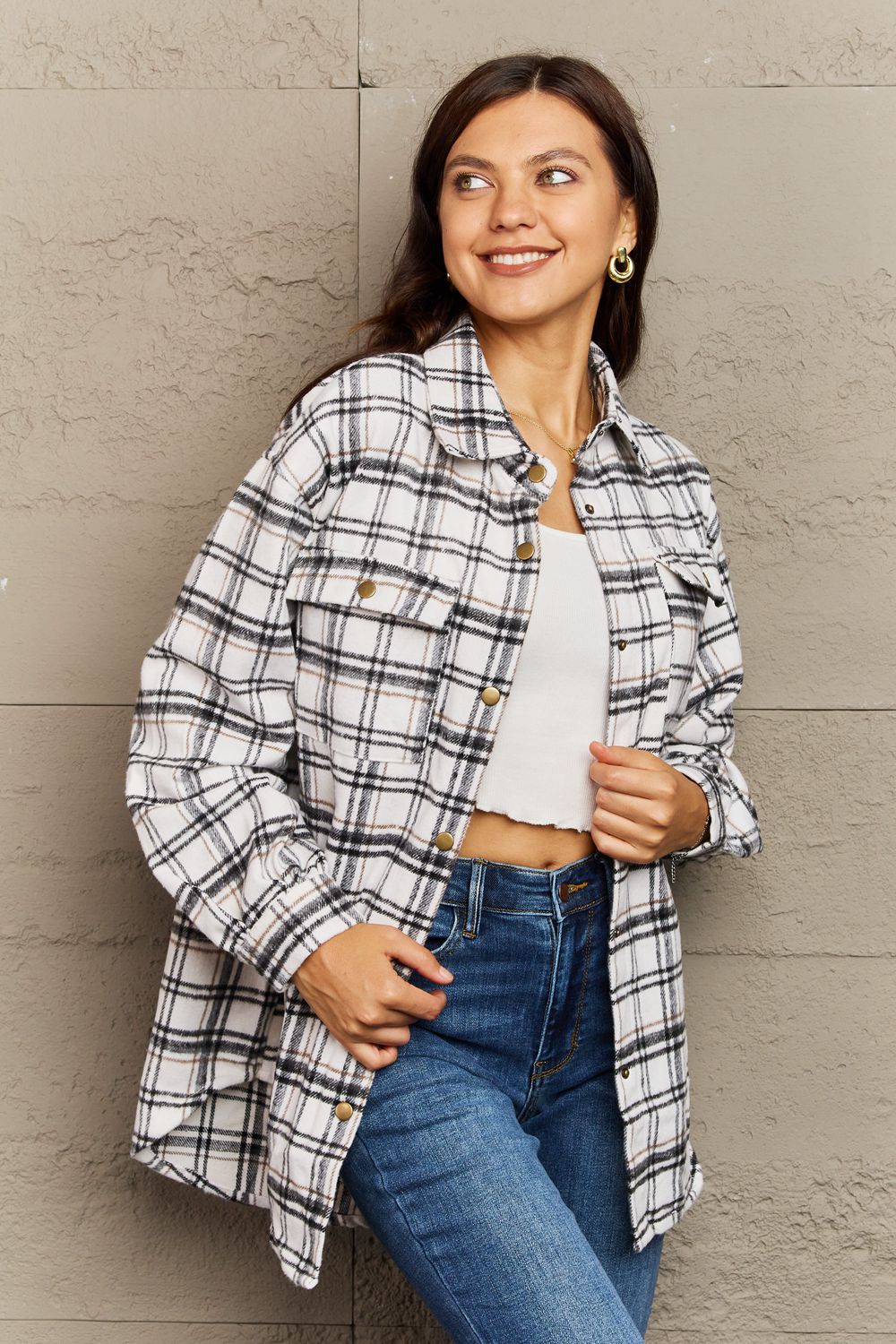 Plaid Collared Neck Button-Down Long Sleeve Jacket