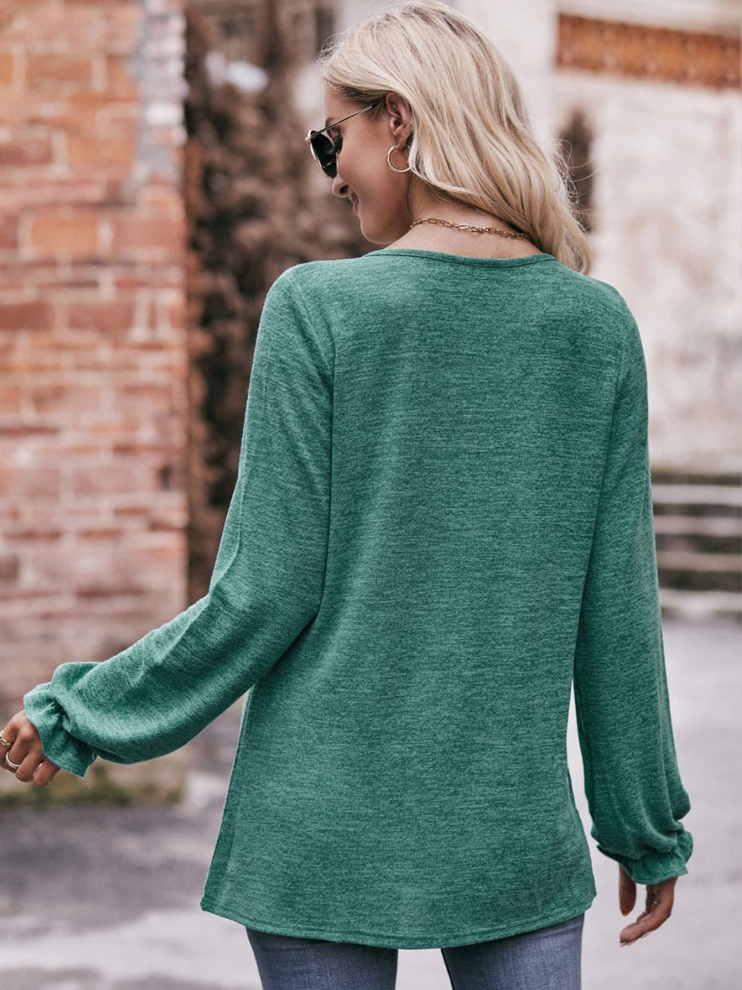 Long Flounce Sleeve Round Neck Blouse