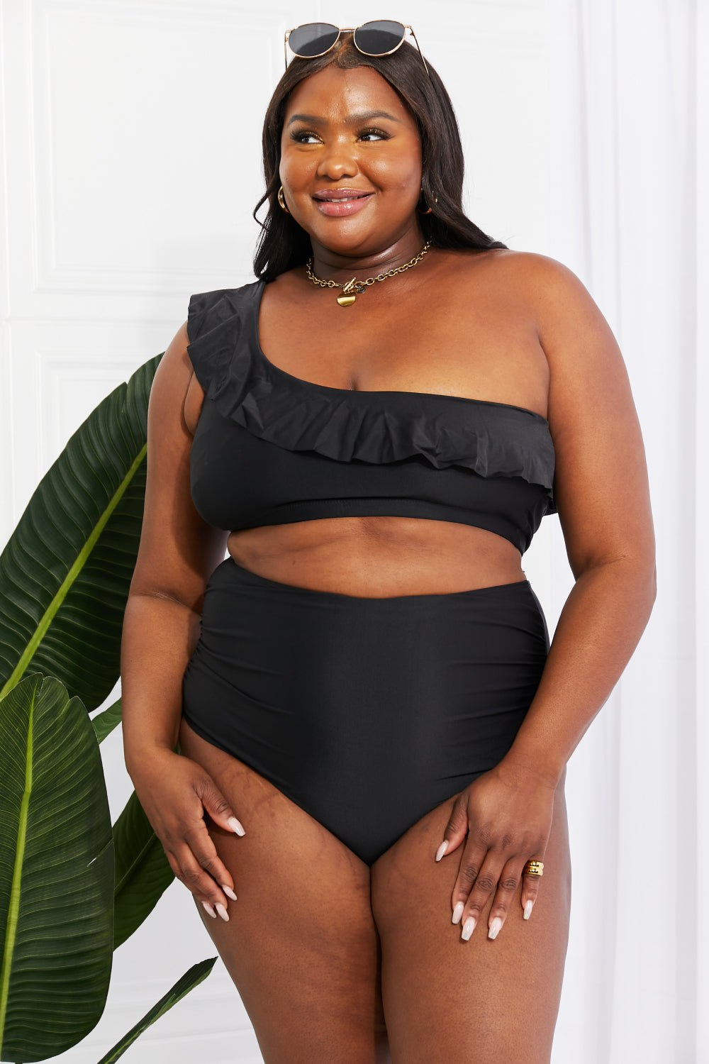 Swim Seaside Romance Ruffle One-Shoulder Bikini in Black