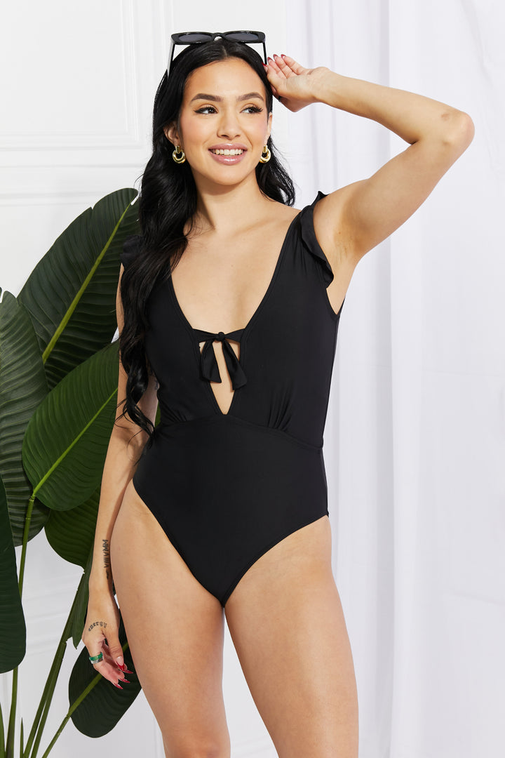 Seashell Ruffle Sleeve One-Piece in Black