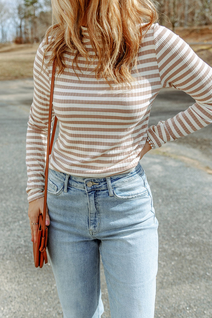 Striped Mock Neck Long Sleeve Top