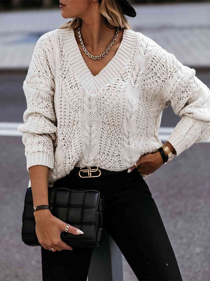 V-Neck Cable-Knit Long Sleeve Sweater