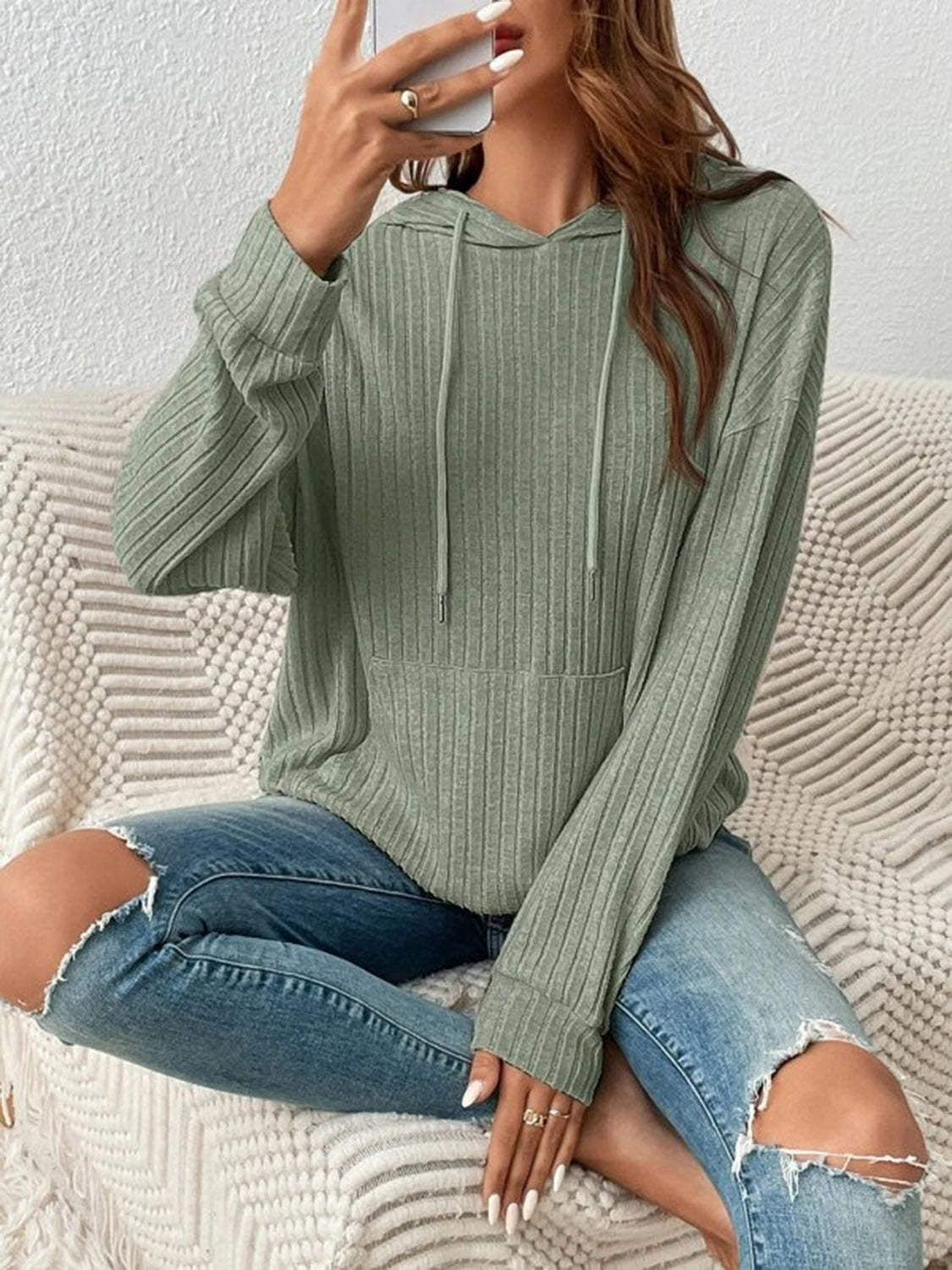 Drawstring hooded hot sale ribbed sweater