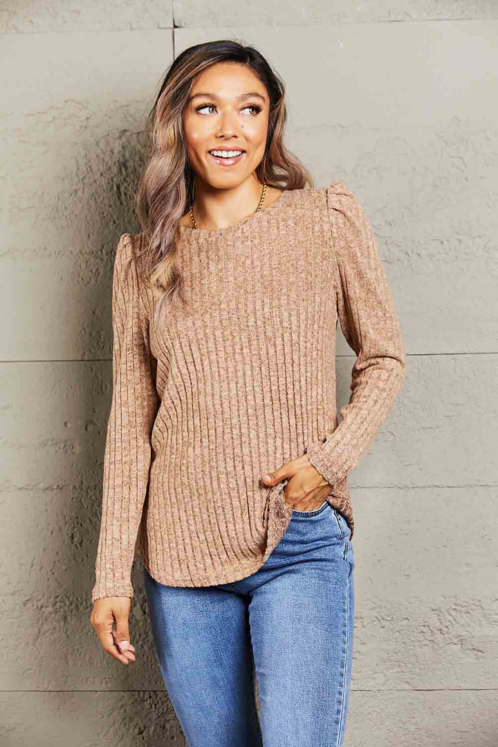 Round Neck Puff Sleeve Ribbed Top